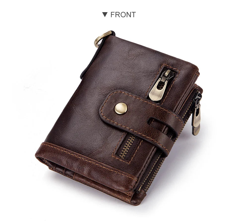 A brown genuine leather bifold wallet with a double zipper and RFID protection shown from the front.