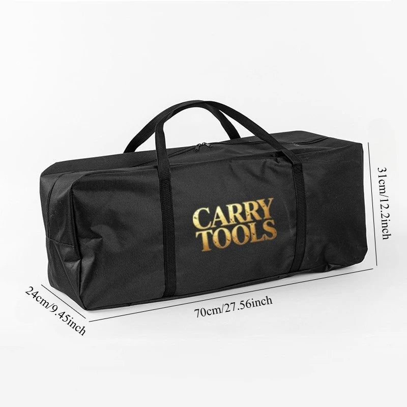 Black durable Oxford fabric storage tote bag with gold lettering for carrying tools