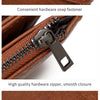 A brown leather clutch wallet showing detail display, hardware, fabric texture, and brand logo.