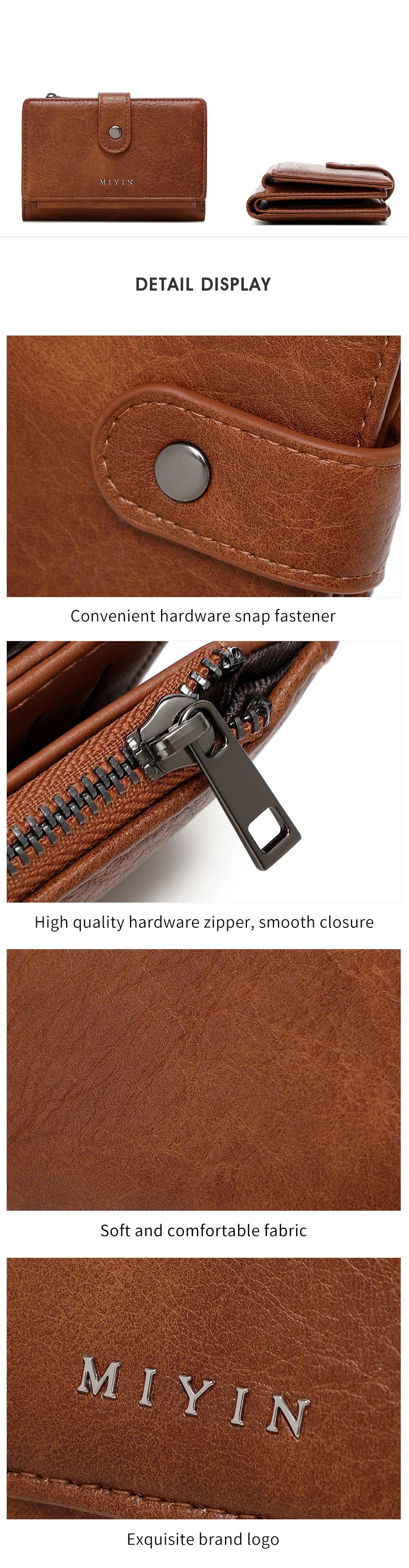 A brown leather clutch wallet showing detail display, hardware, fabric texture, and brand logo.