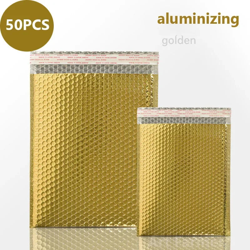 50 pieces of golden aluminumized holographic bubble mailers with self-seal closure