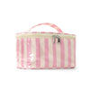 Bolsa de almacenamiento cosmético a rayas rosa y crema con asa y cierre de plata.