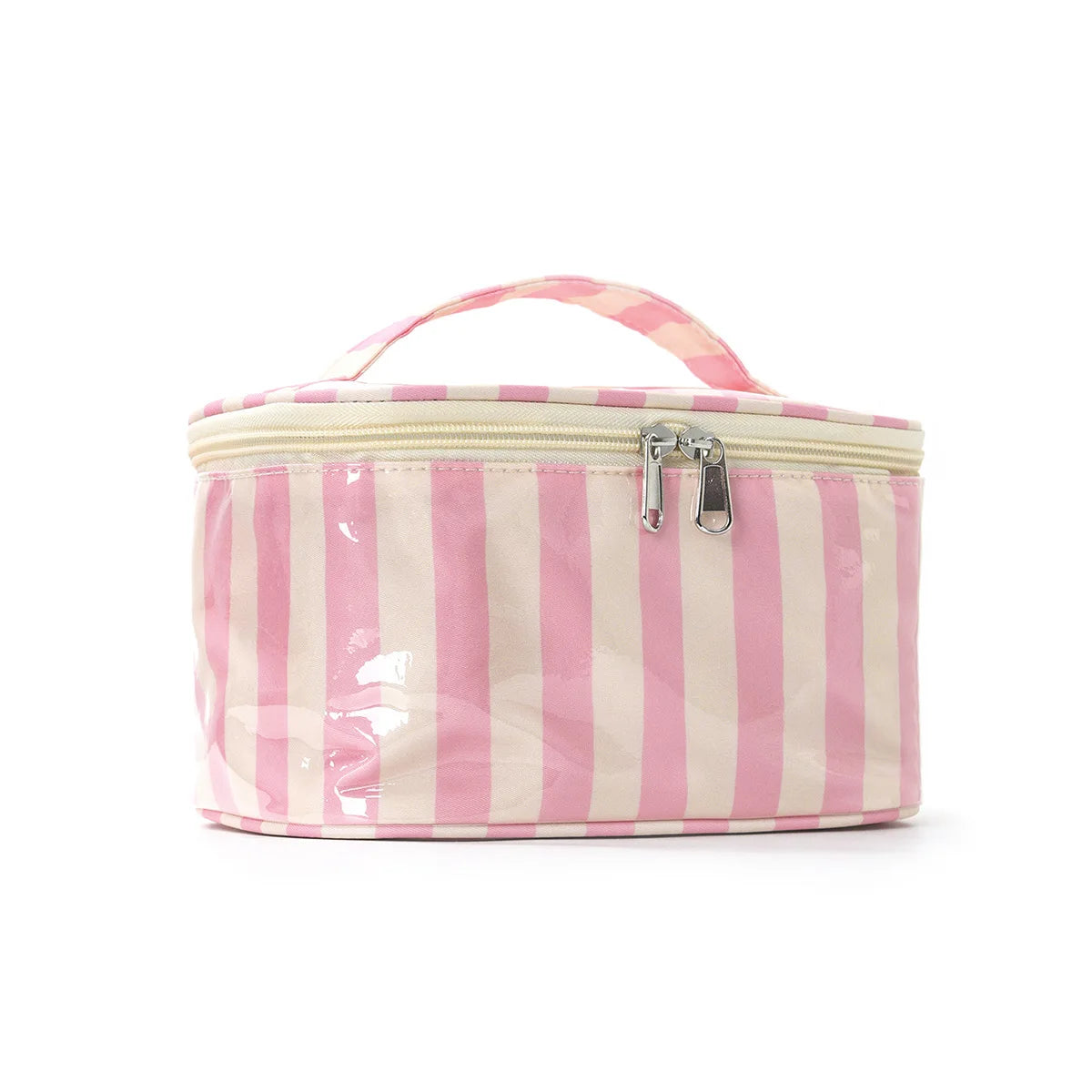 Bolsa de almacenamiento cosmético a rayas rosa y crema con asa y cierre de plata.