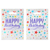 Two identical birthday party gift bags featuring colorful stars and purple text for a happy birthday