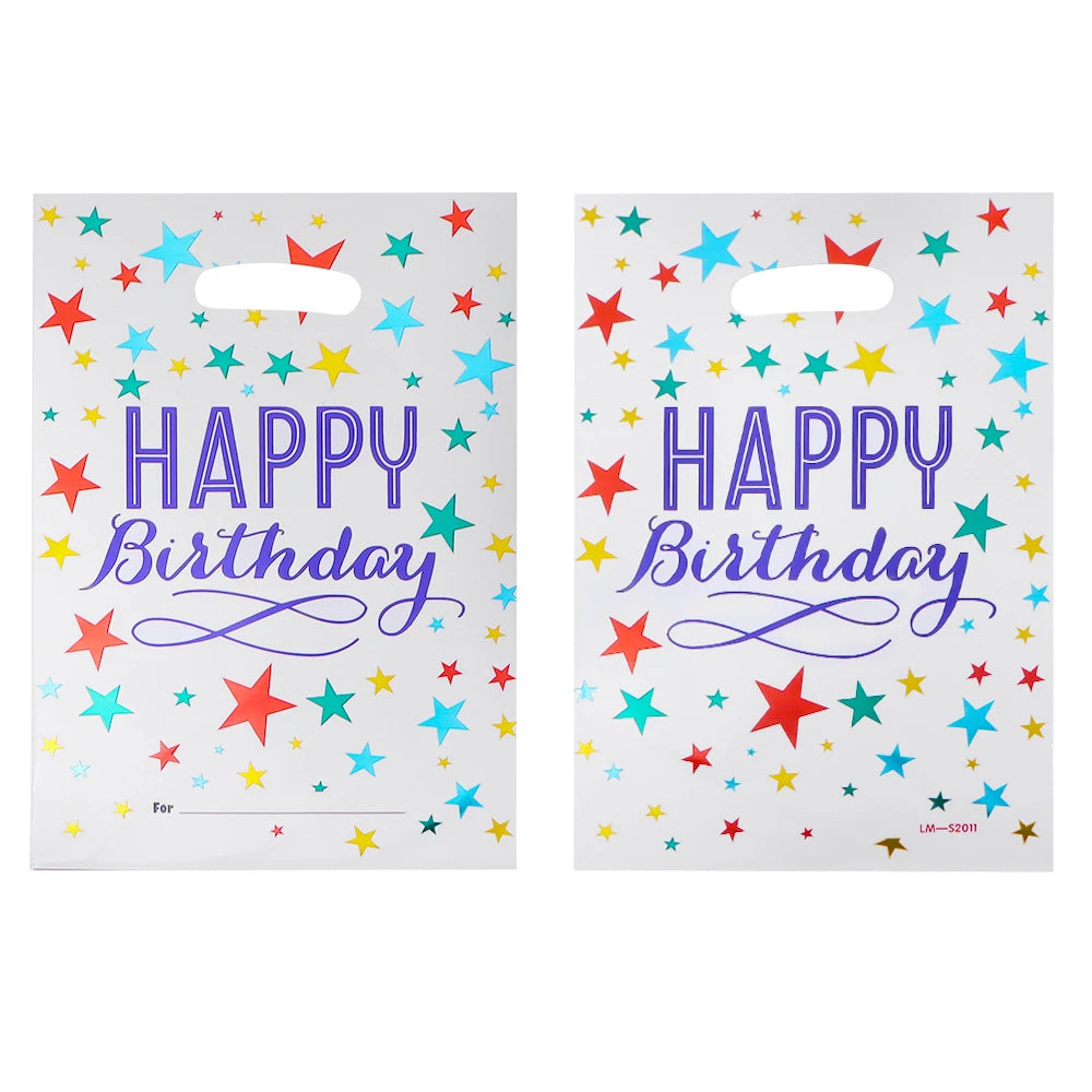 Two identical birthday party gift bags featuring colorful stars and purple text for a happy birthday