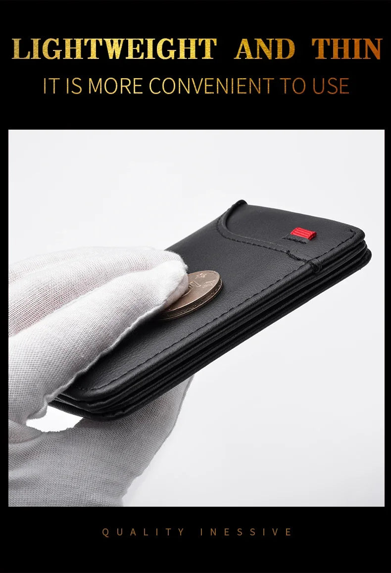 A hand holds a black lightweight and thin wallet with a coin inside, emphasizing quality and inessiveness.