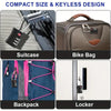 Various compact keyless locks shown on a suitcase, bike bag, backpack, and locker.