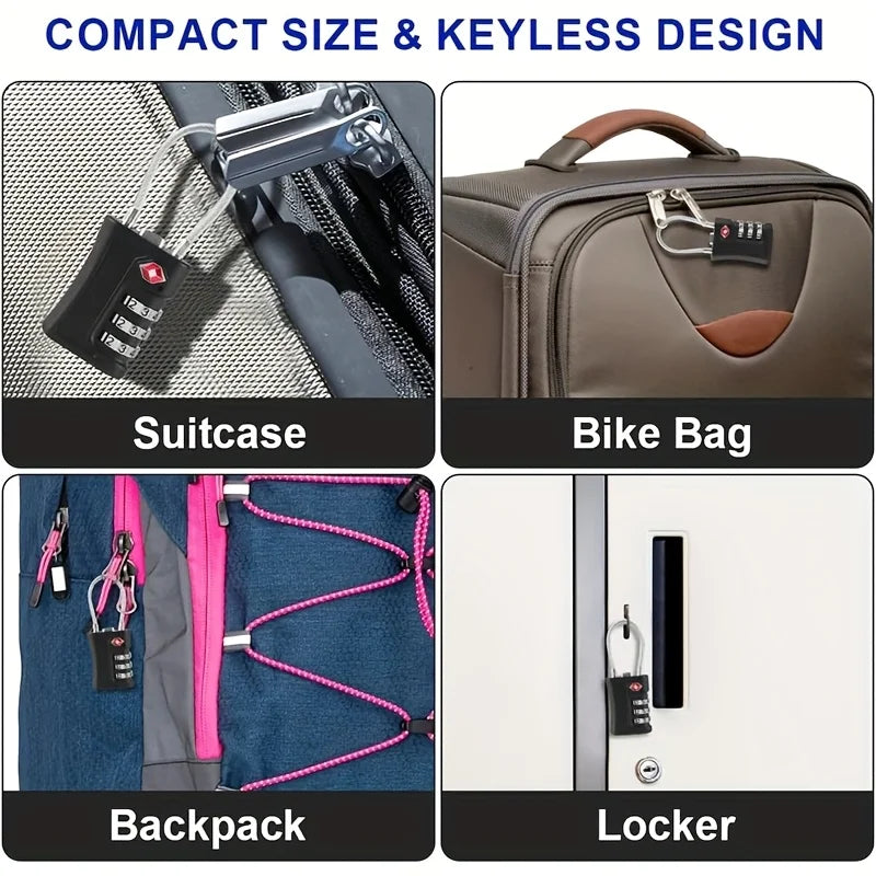 Various compact keyless locks shown on a suitcase, bike bag, backpack, and locker.