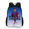 A black backpack featuring a graphic of a soccer player in a red and blue uniform.