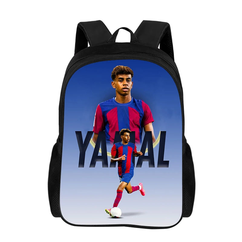 A black backpack featuring a graphic of a soccer player in a red and blue uniform.