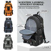 A dark gray waterproof hiking backpack shown in multiple views, highlighting features like a laptop sleeve and drawstring poc