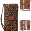 A brown leopard print RFID protection wallet with a leather strap and a matching trifold clutch.