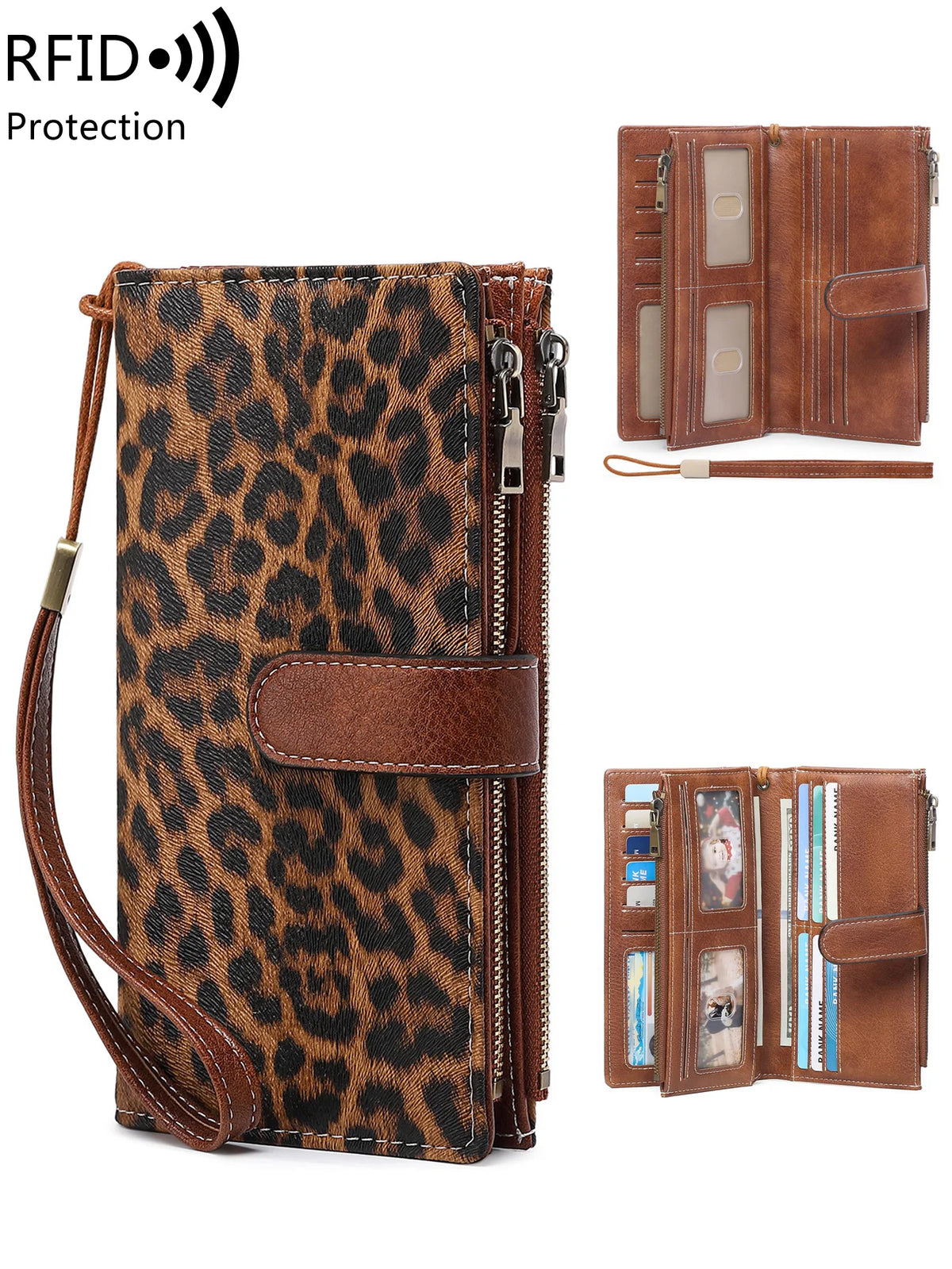 A brown leopard print RFID protection wallet with a leather strap and a matching trifold clutch.