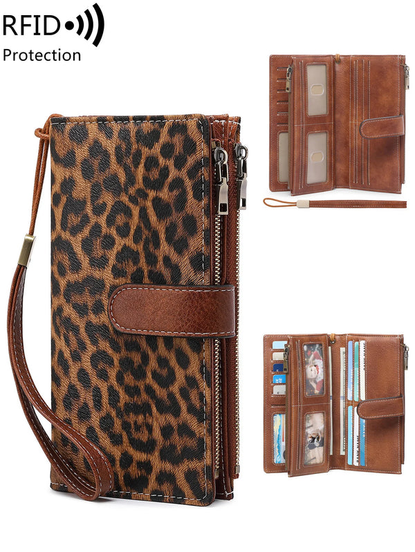 A brown leopard print RFID protection wallet with a leather strap and a matching trifold clutch.