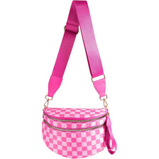 A bright pink checkered crossbody sling bag with an adjustable strap.