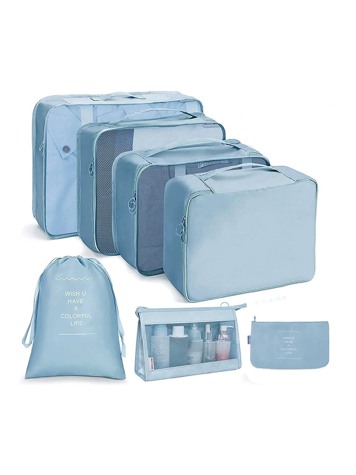 A set of light blue fabric storage organizers including zippered pouches and a drawer organizer.