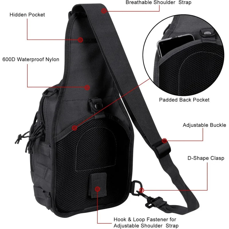 Schwarzer taktischer Sling-Bag mit atmungsaktrem Schultergurt, verstecktem Fach, gepolstertem Rückenfach und verstellbare Sch
