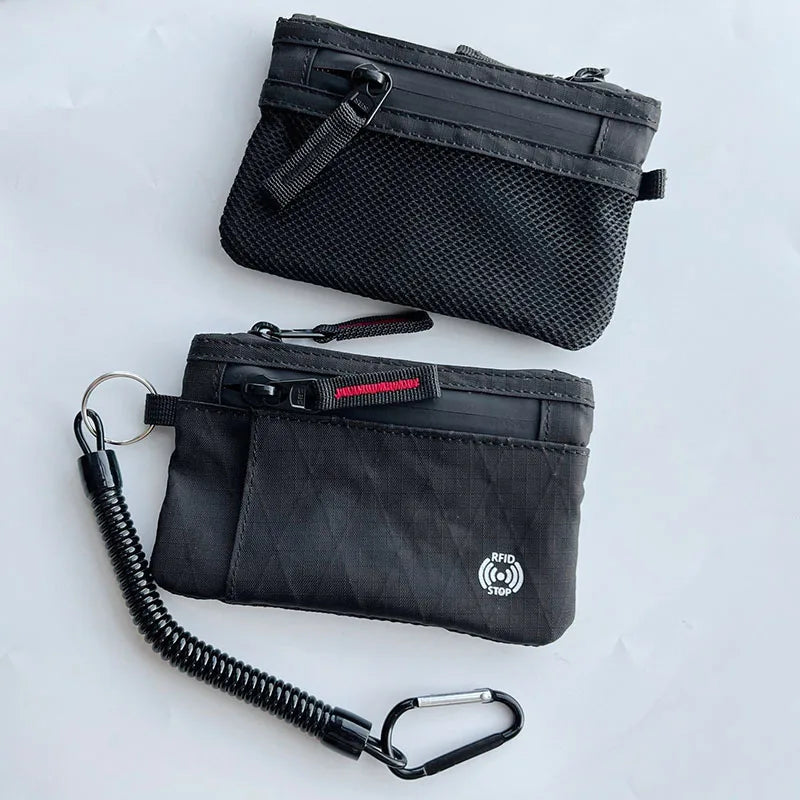 Black RFID blocking travel wallet with a carabiner attached for security