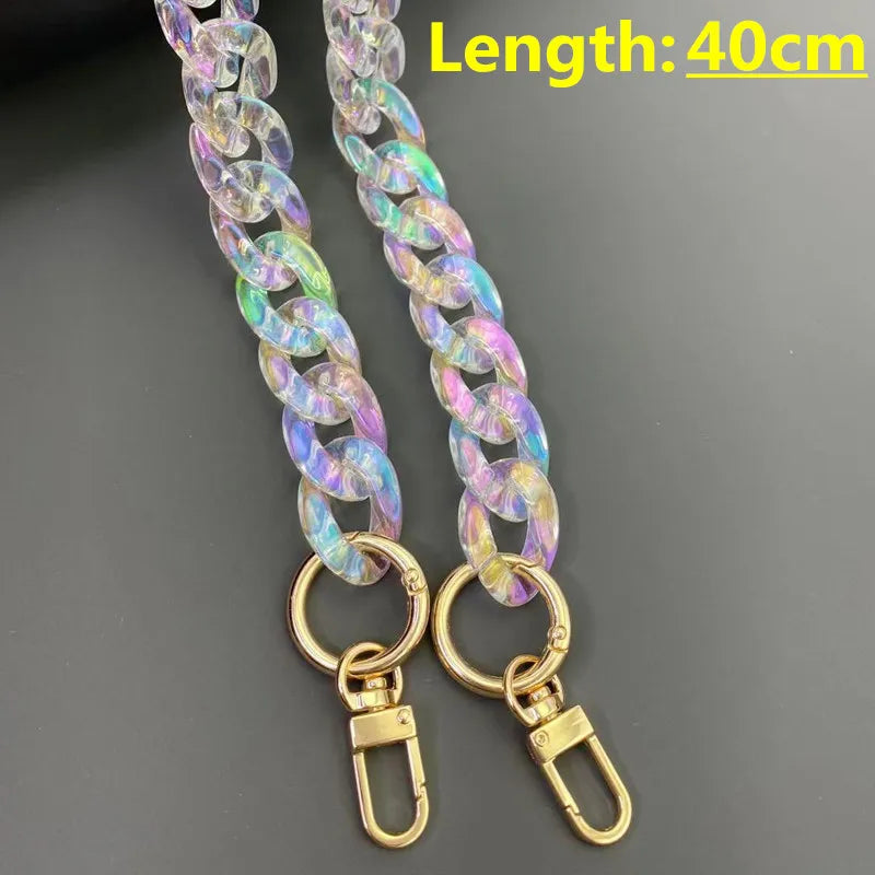 Iridescent acrylic chunky chain strap with gold clasps, 40cm long.