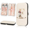 A beige cosmetic case holding a 7-piece stainless steel nail clipper set and a separate rectangular storage box.