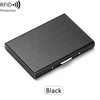 A black RFID blocking stainless steel card holder shown from above.
