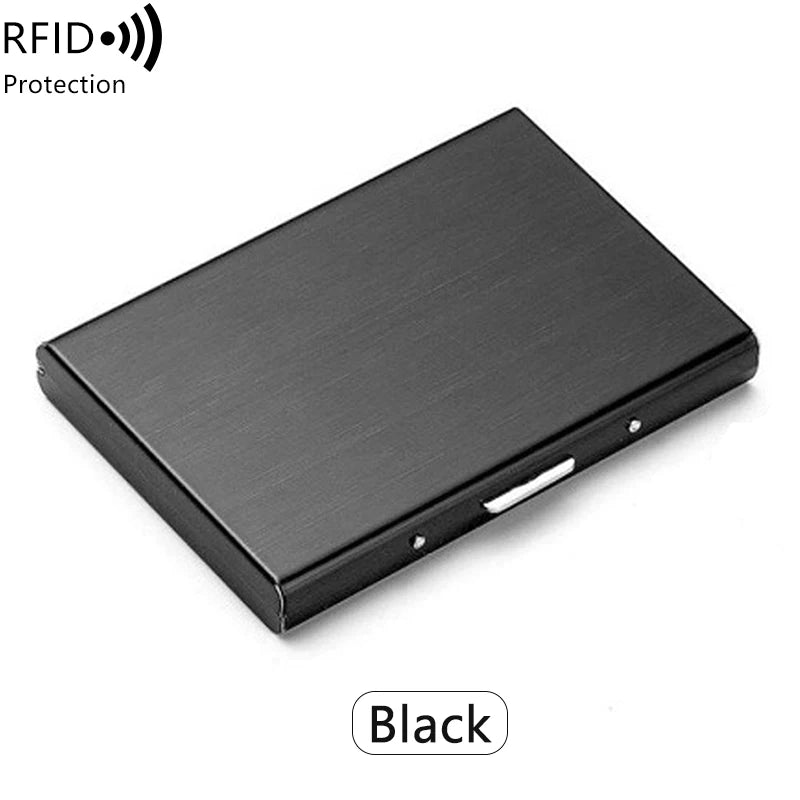 A black RFID blocking stainless steel card holder shown from above.