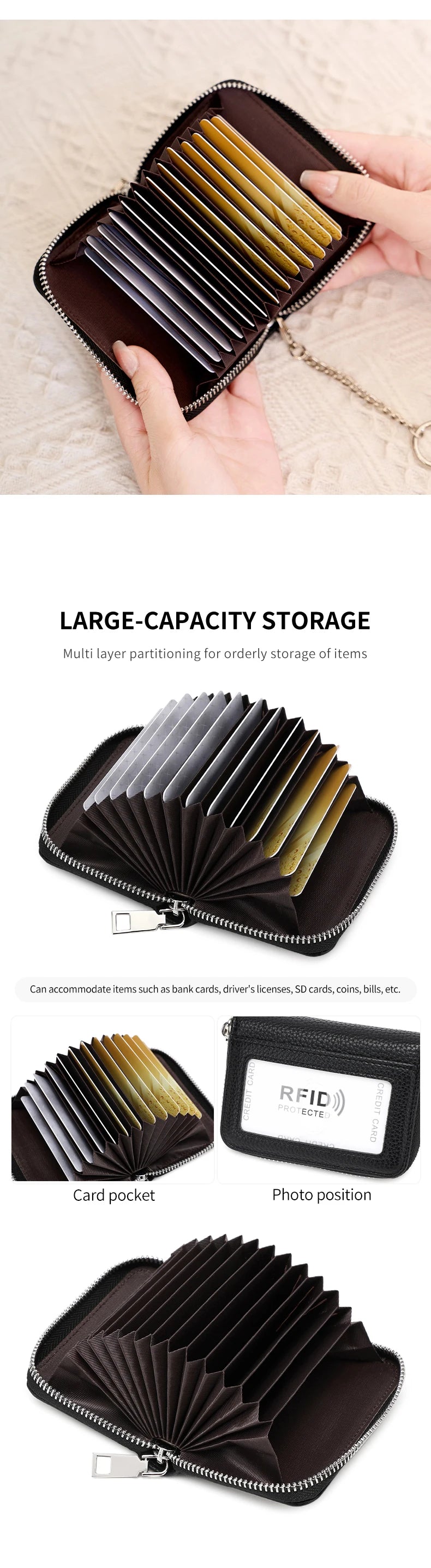 A black accordion wallet with multiple slots for storing cards and IDs.