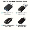 Pack of four universal USB to USB-C adapter converters shown with labels detailing their specific functionality.