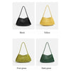 Four handwoven PU shoulder bags in black, yellow, fruit green, and dark green displayed against a white background.