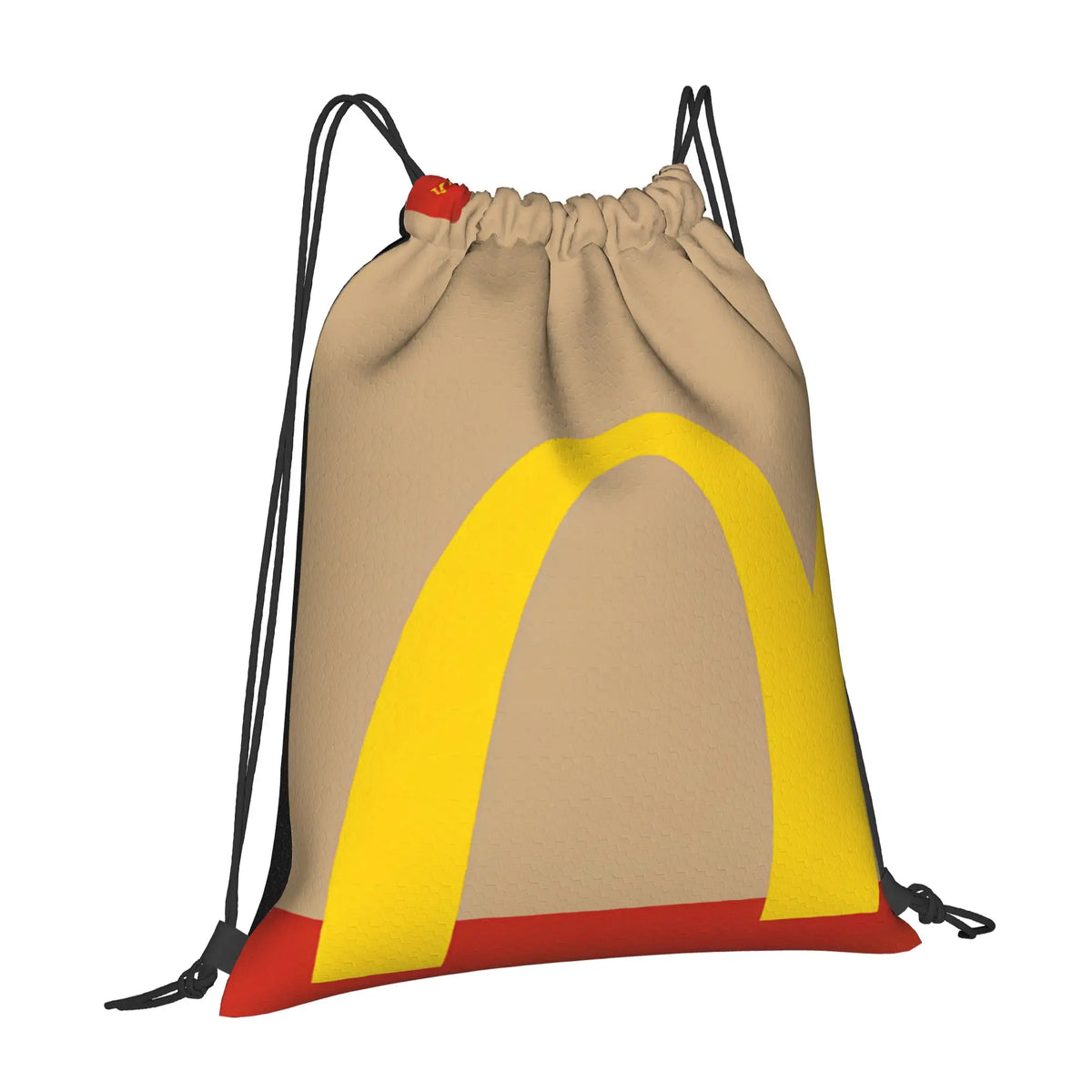 A beige kraft paper drawstring bag with a yellow arch design and red accents.