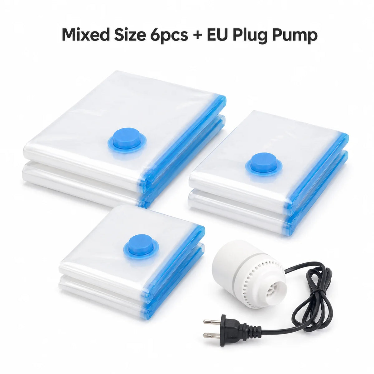 Six pieces of clear vacuum storage bags for clothes with an EU plug pump and power cord