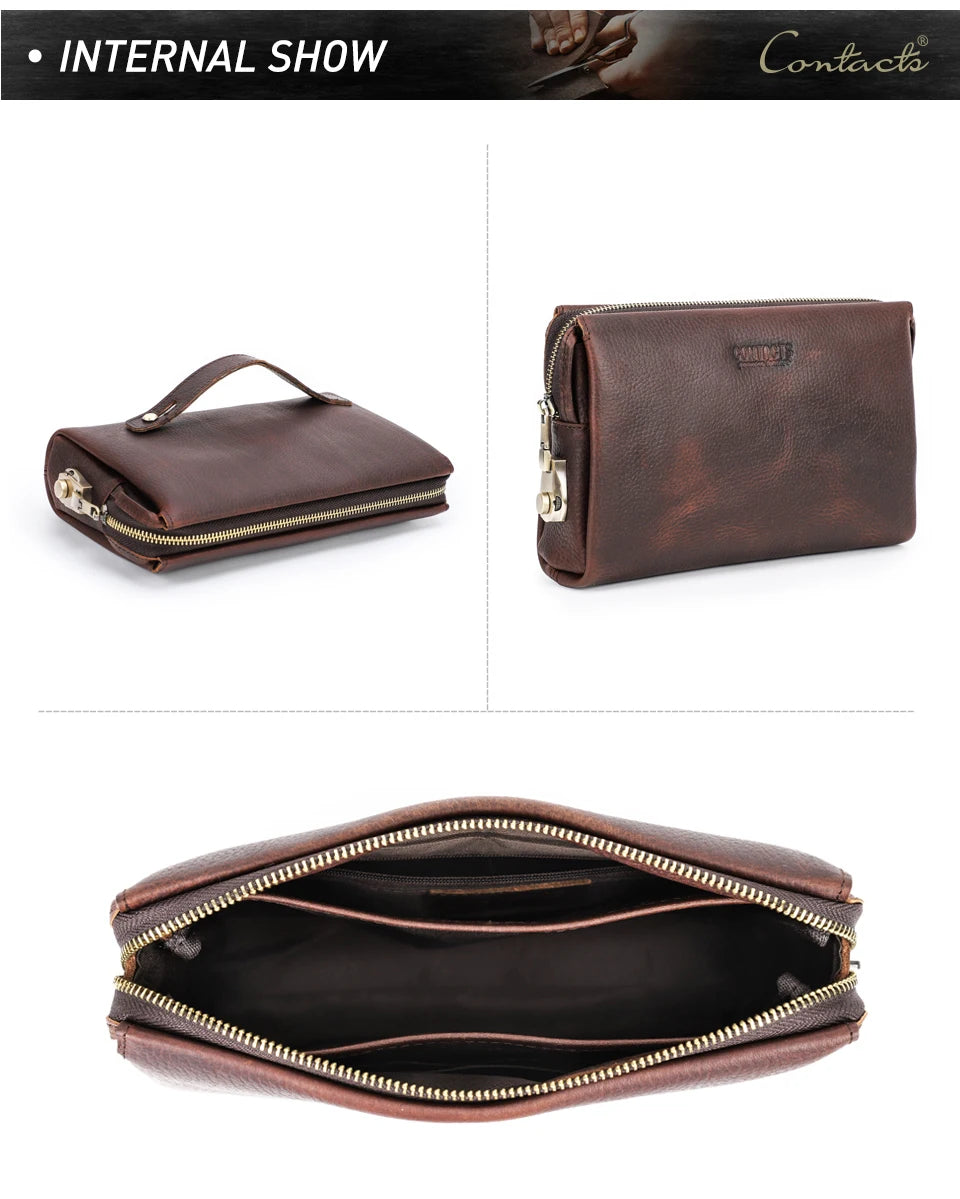 Portefeuille de soirée en cuir véritable marron pour homme, montré sous différents angles.