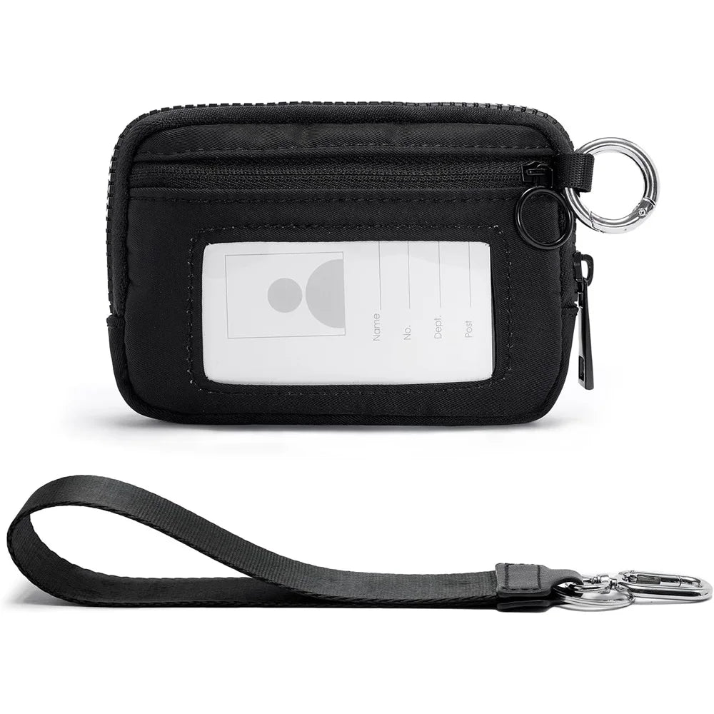 Black multi-functional zipper wallet with a keychain strap and ID slot.