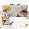 A makeup bag featuring a fairytale mushroom and butterfly print on a beige fabric.