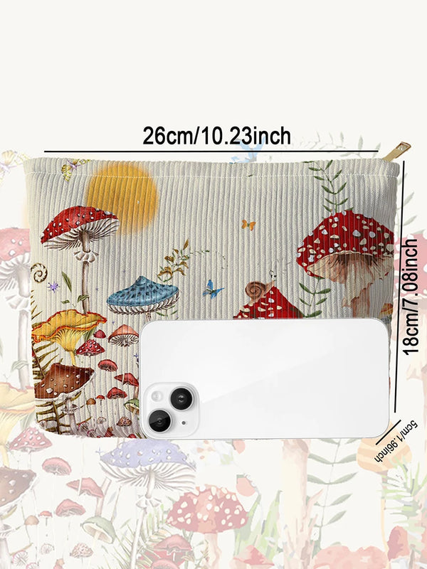 A makeup bag featuring a fairytale mushroom and butterfly print on a beige fabric.