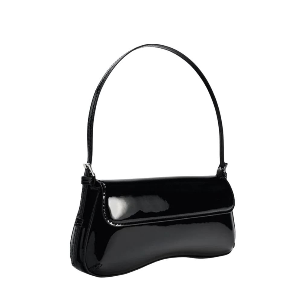 A black PU leather shoulder bag with a chain strap shown against a dark background.