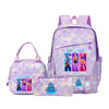 A purple multi-compartment casual backpack featuring a yellow and white geometric pattern.