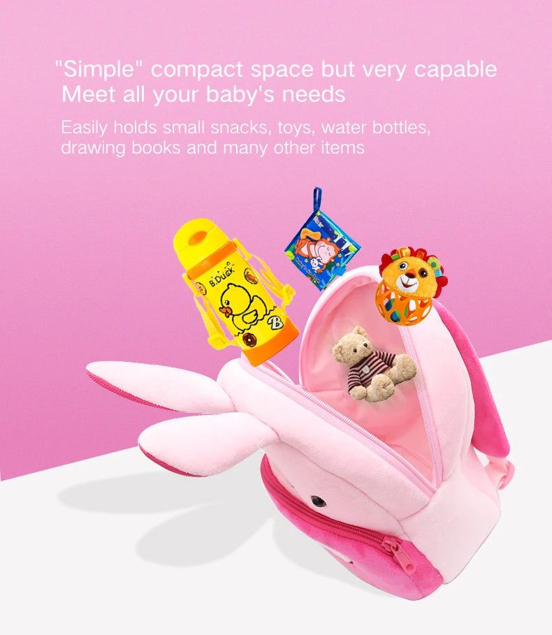 Pink cartoon animal plush backpack for kids with a zipper and floppy ears