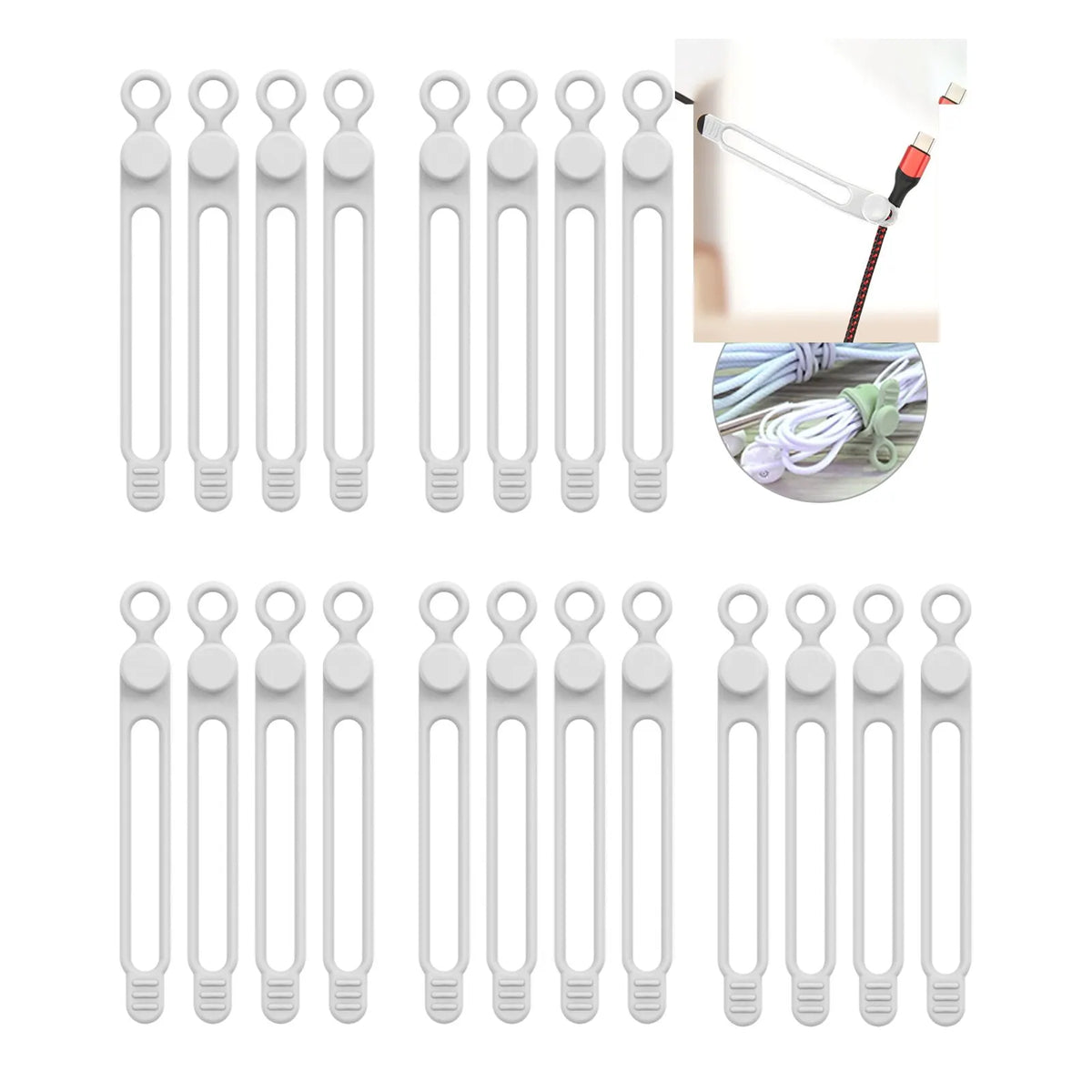 A set of white silicone cable ties and cord organizers shown in various forms and a usage example.