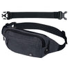 A black nylon waist pack or fanny bag shown with its strap and main body.