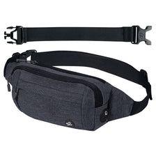 A black nylon waist pack or fanny bag shown with its strap and main body.