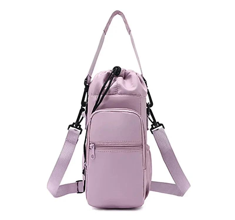 A light purple thermal water bottle bag with adjustable straps is shown against a white background.