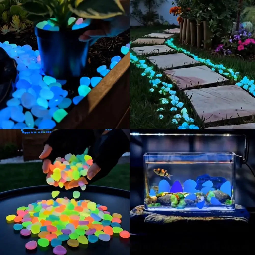 A collection of glow-in-the-dark solar pebbles in various colors scattered on a dark surface.