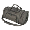 A gray travel duffel bag with padded straps and multiple zippered compartments.