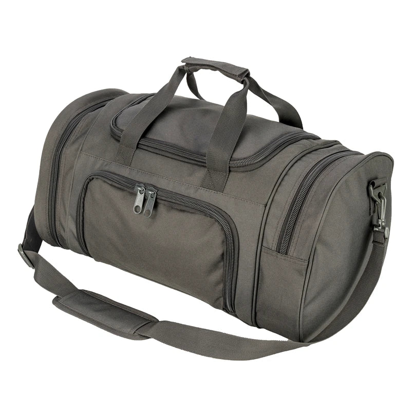 A gray travel duffel bag with padded straps and multiple zippered compartments.