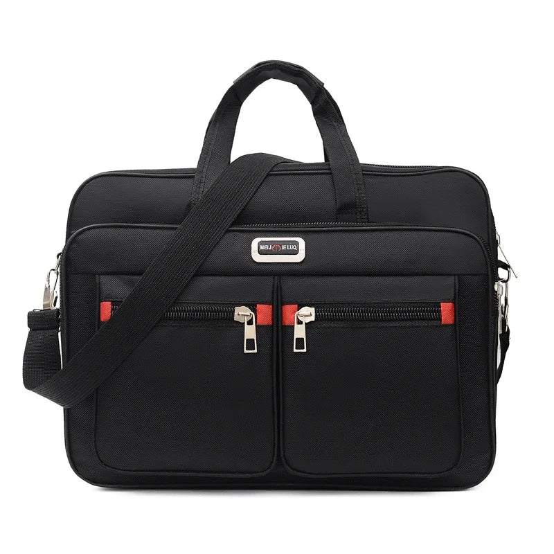 Black Men's Durable Oxford Briefcase with a shoulder strap and two zippered compartments