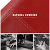 Close-up of a red natural cowhide leather wallet with stitching and a black leather cardholder.