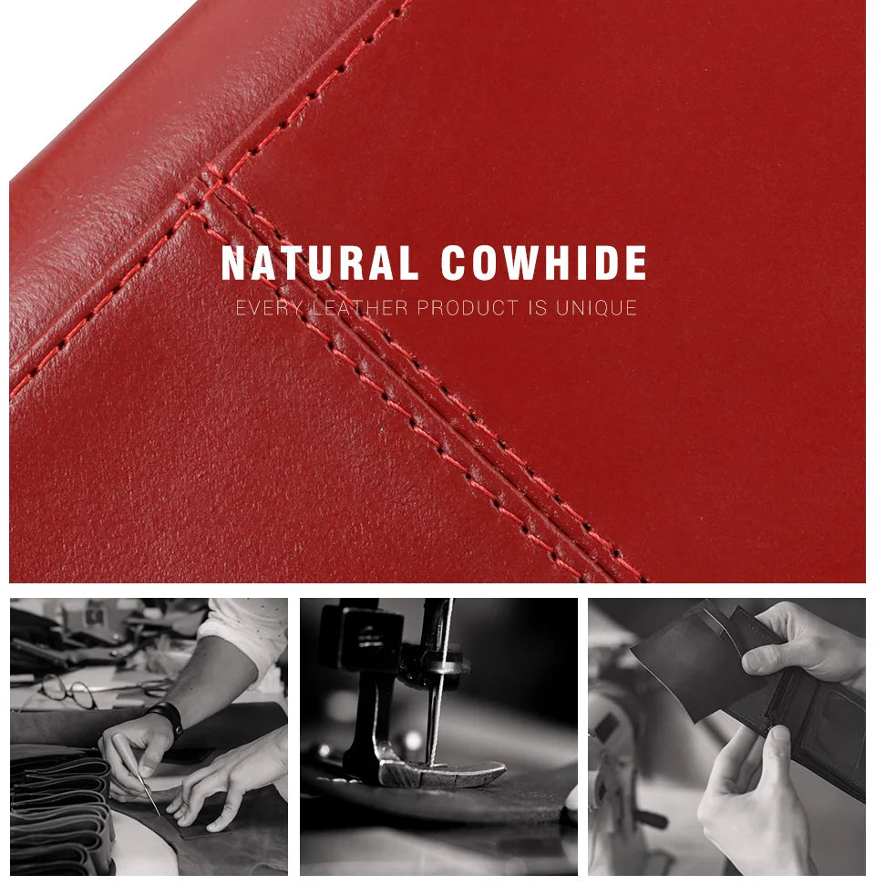 Close-up of a red natural cowhide leather wallet with stitching and a black leather cardholder.