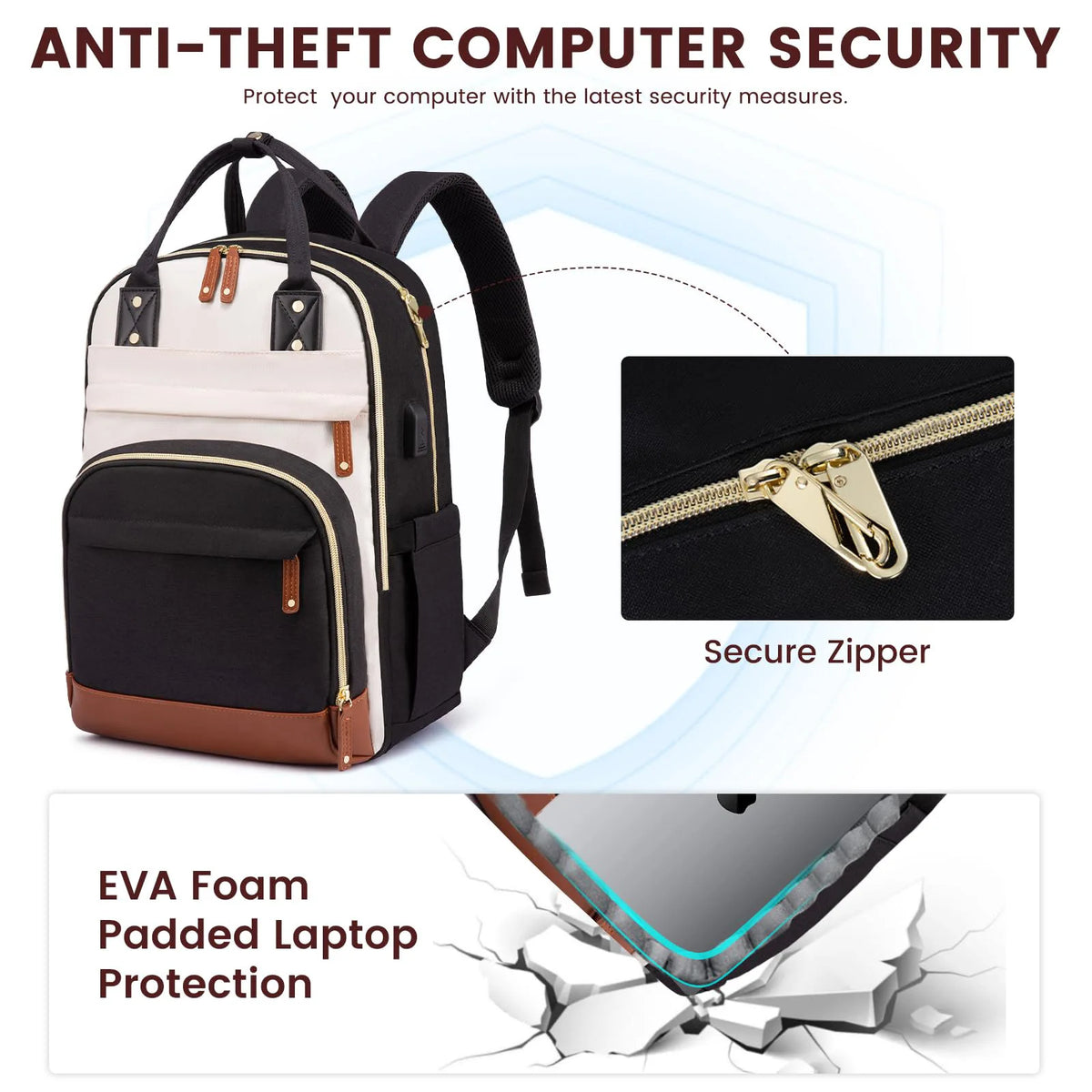 Anti-theft computer security backpack featuring EVA foam padded laptop protection and a secure zipper.