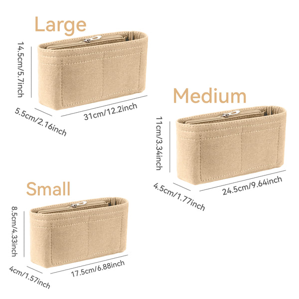 Three felt organizer pouches in large, medium, and small sizes shown side by side with dimensions.